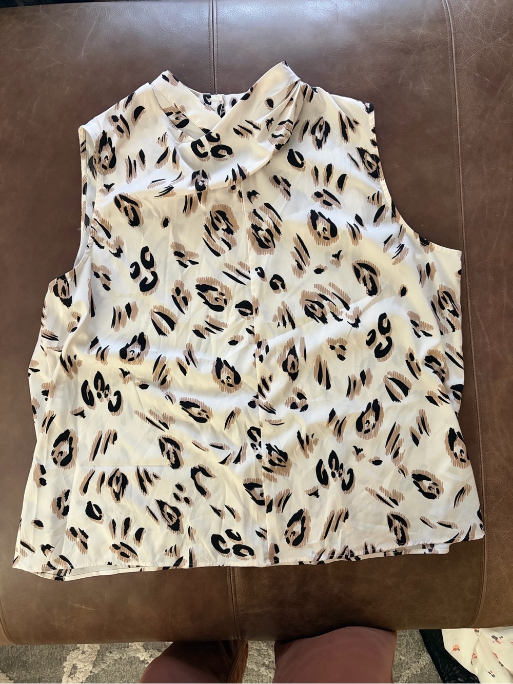 Bar III Leopard Print Sleeveless Mock Neck Blouse Cream Black Tan XXL